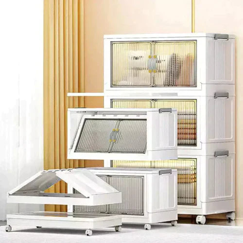 BoxMax™ – Kit de 12 Cajas Organizadoras Apilables con Ruedas y Puerta Frontal