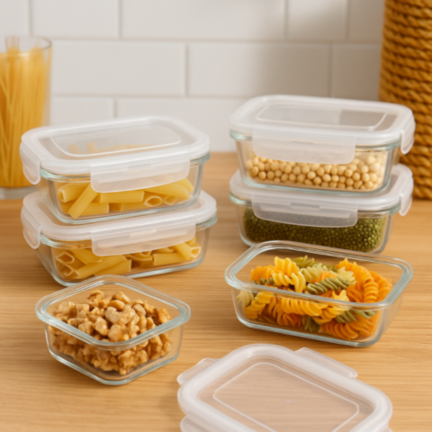 GlassAruba™ – Kit con 15 Potes Herméticos de Vidrio + 10 Vasos de Vidrio Aruba