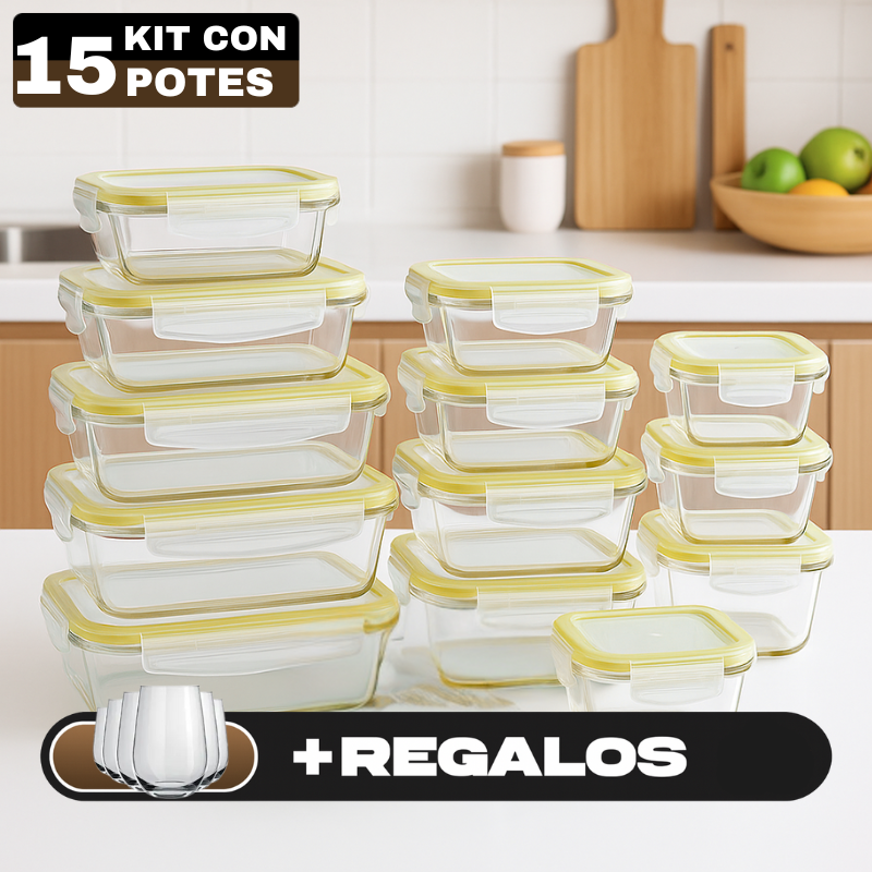 GlassAruba™ – Kit con 15 Potes Herméticos de Vidrio + 10 Vasos de Vidrio Aruba